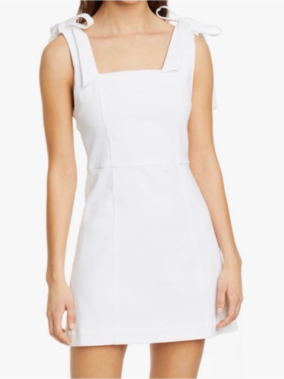 Alice & Olivia Vintage Sugar White Denim Mini Dress with Tie-Shoulder